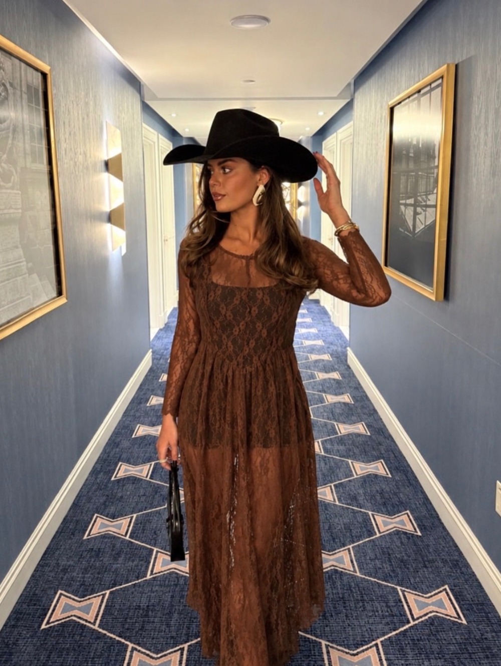 Blakeley Brown Sheer Lace Maxi Dress Long Sleeve Romantic S/M